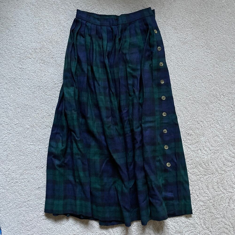 Rare Vintage Allen Solly Pleated Plaid Tartan Wool Skirt Button closures